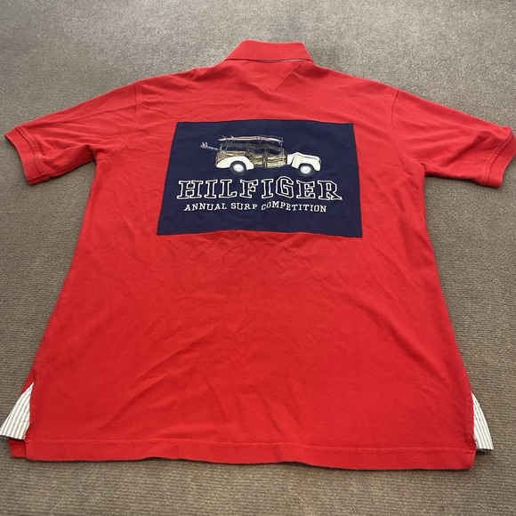 Vtg y2K Tommy Hilfiger Annual Surf Competition Polo Shirt Mens L Patch Woodie - Picture 1 of 11